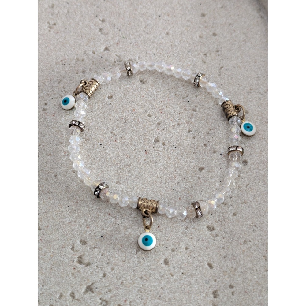 Romantic Beaded Bracelet Gold Evil Eye Dangles Stretch Layering Stackable Clear